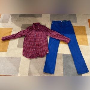 Crewcuts stretch corduroy and blue/red checkered shirt, size 10. Matching set